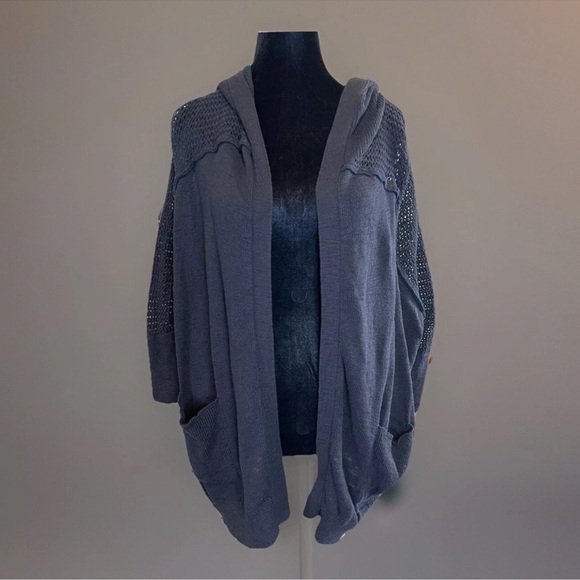 Roxy Sweater Navy Blue Sz M Open Cardigan Hood Mesh Sleeves Cotton Beach 90s Y2K - Picture 1 of 12